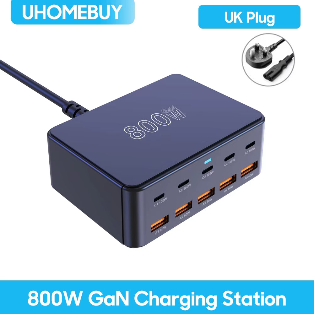 800W USB C Gan Charger 100W PD3.0 PPS QC3.0 Multiport Fast Charging Station for Iphone 15 16 Samsung Macbook Pro Laptops Tablets