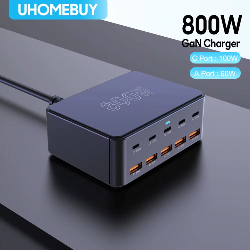 800W USB C Gan Charger 100W PD3.0 PPS QC3.0 Multiport Fast Charging Station for Iphone 15 16 Samsung Macbook Pro Laptops Tablets