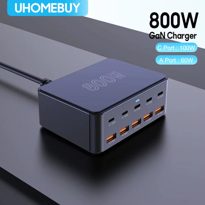 800W USB C Gan Charger 100W PD3.0 PPS QC3.0 Multiport Fast Charging Station for Iphone 15 16 Samsung Macbook Pro Laptops Tablets
