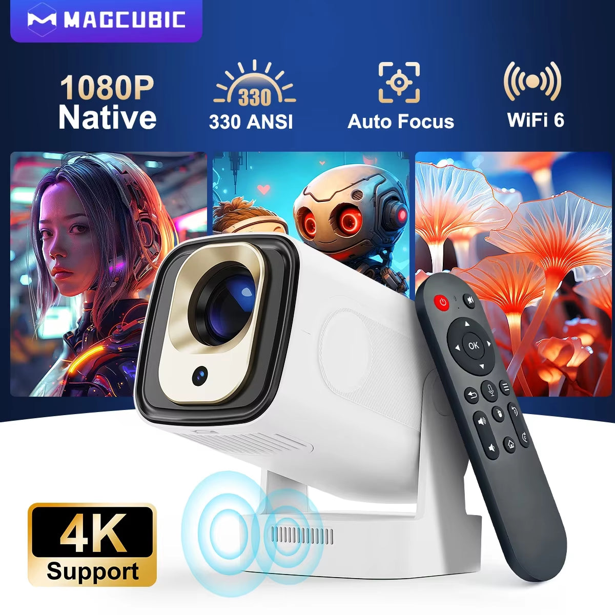 HY310 Projector Auto Focus 4K Native 1080P 330ANSI Android11 5W Speaker Air Mouse Voice Assistant Upgrated HY300