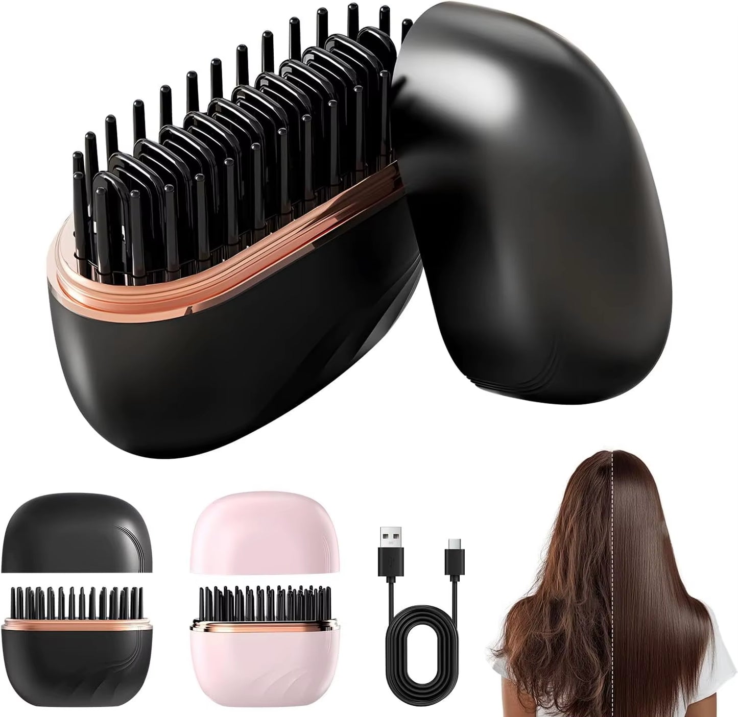 Mini Rechargeable Hair Straightener Brush: 3-Speed Temp Control, Anti-Scald Shell, Lightweight & Portable for Travel