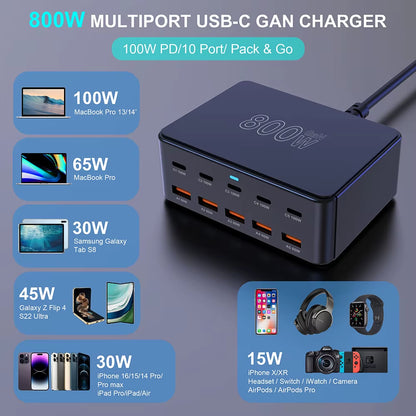 800W USB C Gan Charger 100W PD3.0 PPS QC3.0 Multiport Fast Charging Station for Iphone 15 16 Samsung Macbook Pro Laptops Tablets